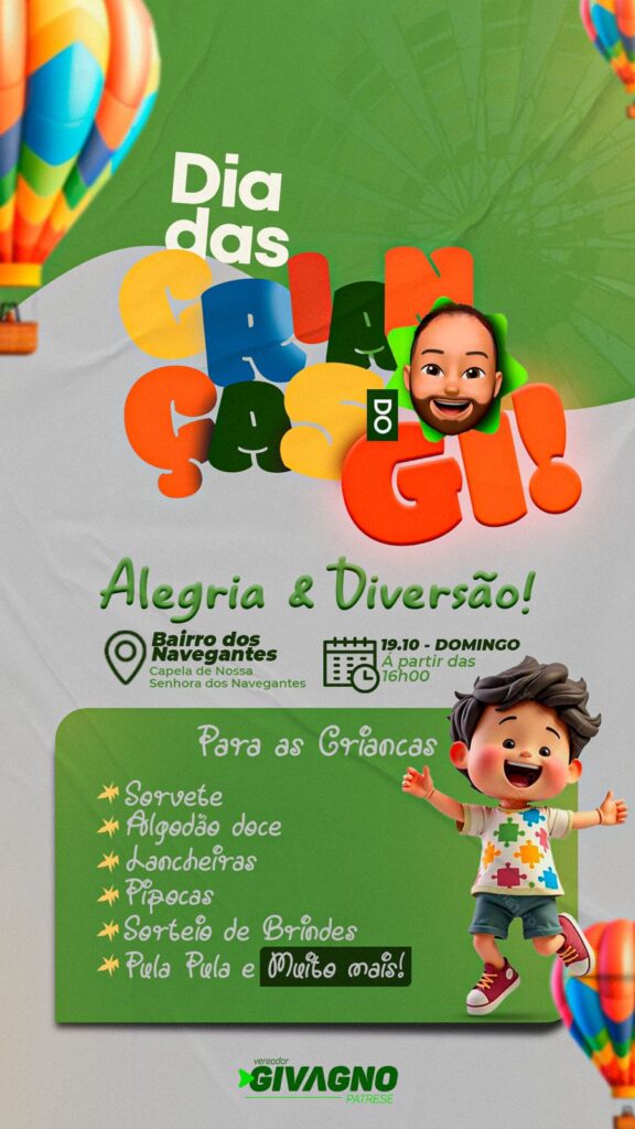 Macau: Vereador Givagno faz festa para as crianças neste domingo (19) no Bairro dos Navegantes