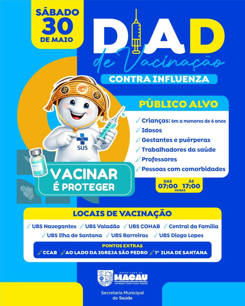 Macau: Secretaria Municipal de Saúde realiza Dia D de Vacinação contra a Influenza no próximo sábado, dia 30 de maio