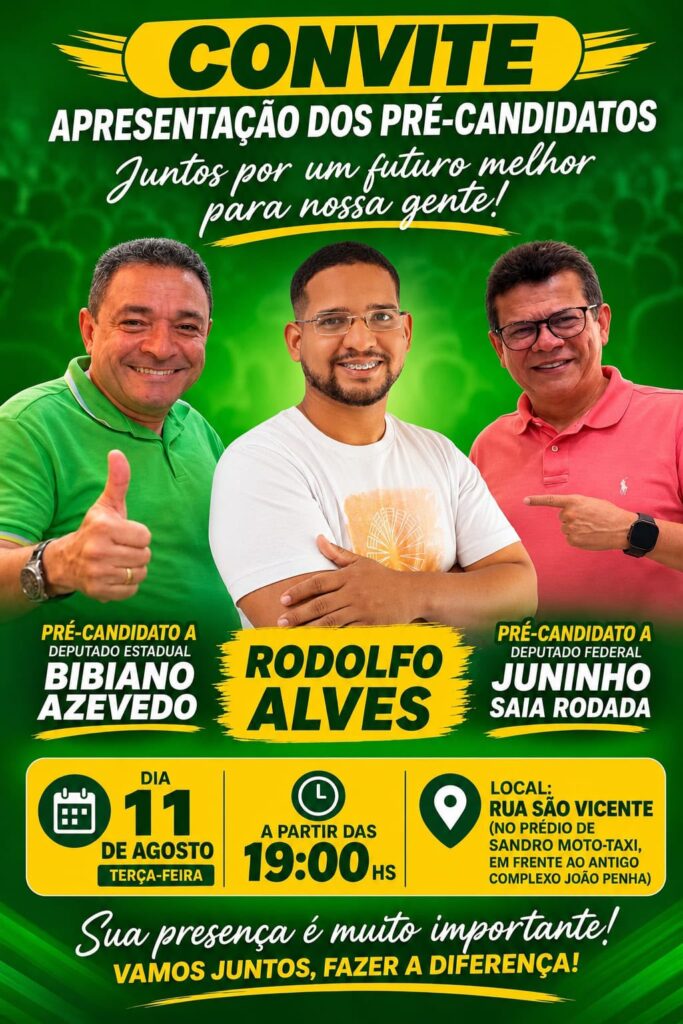 Rodolfo Alves reunirá amigos para oficializar apoio às candidaturas de Bibiano Azevedo e Juninho Saia Rodada