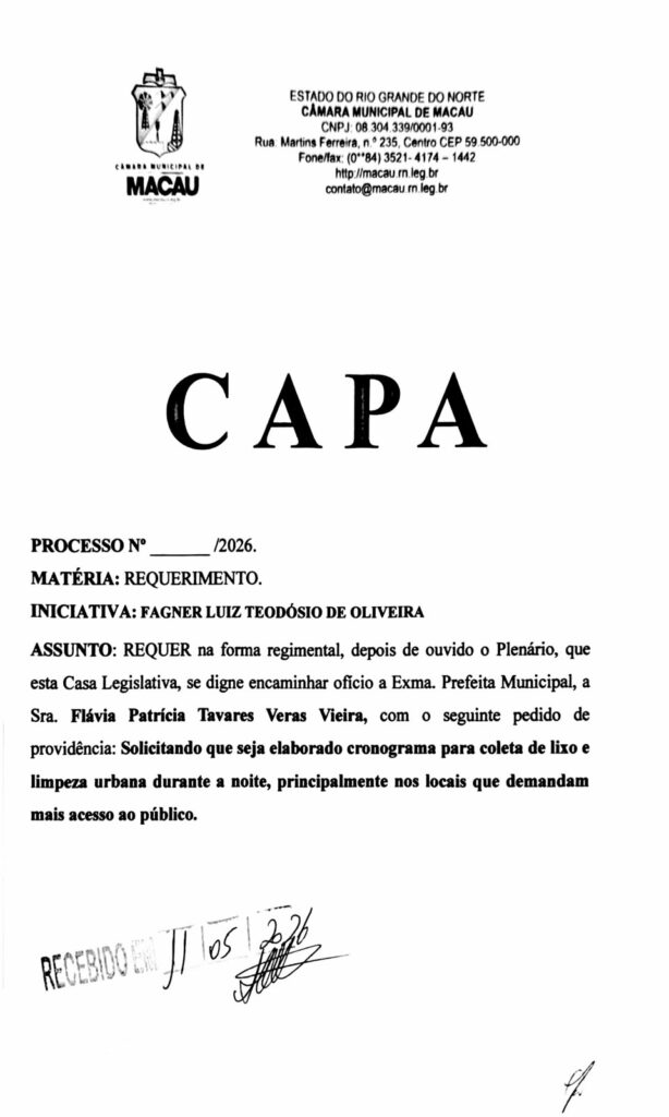 Vereador Fagner Teodósio propôs criação da patrulha noturna de limpeza urbana em Macau